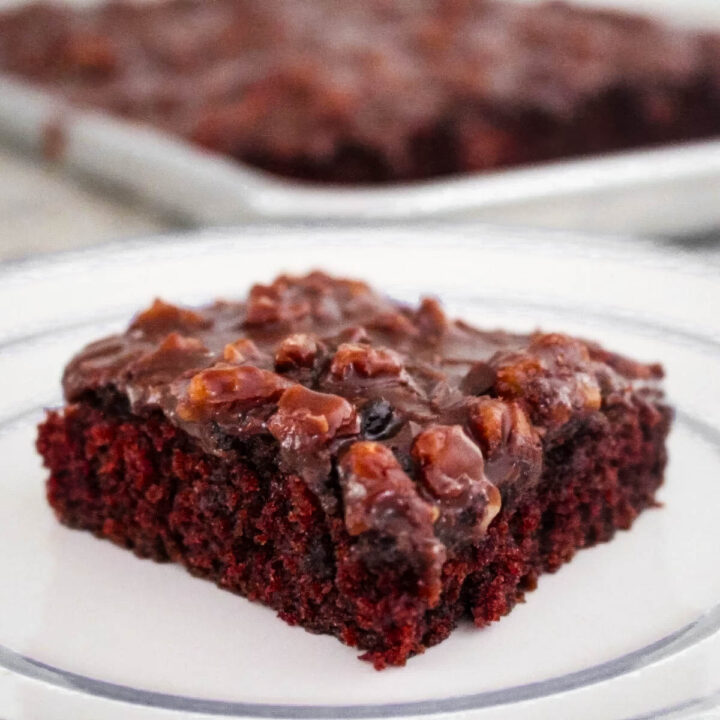 a slice of buttermilk texas sheet cake on a white plate and topped with chopped pecans