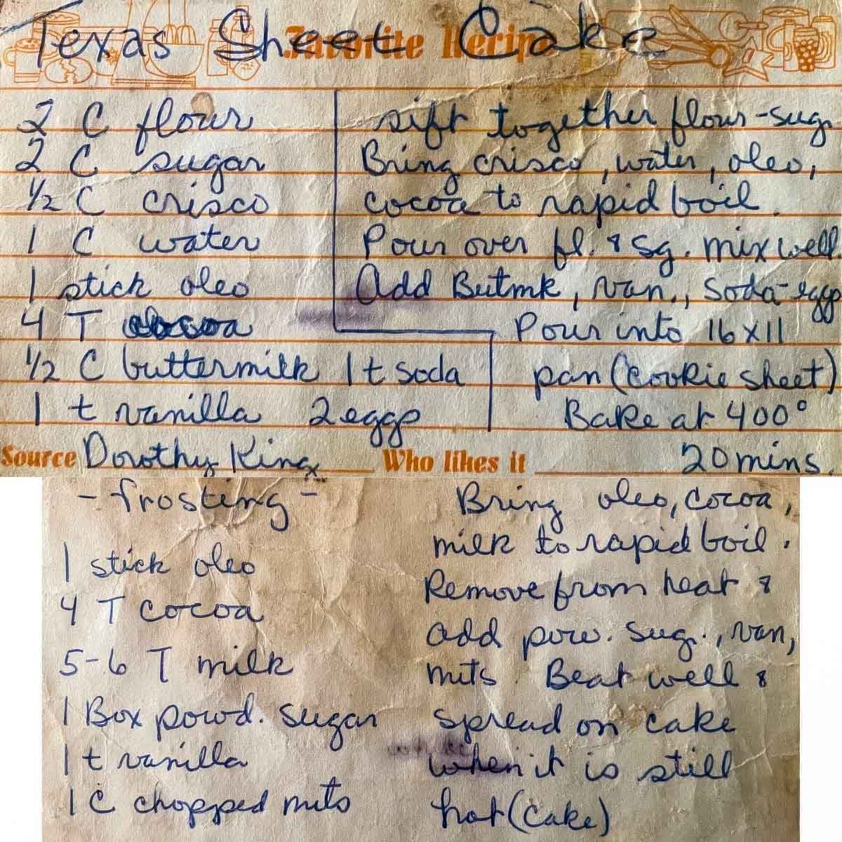 Buttermilk Texas Sheet Cake a handwritten vintage recipe card for texas sheet cake with buttermilk