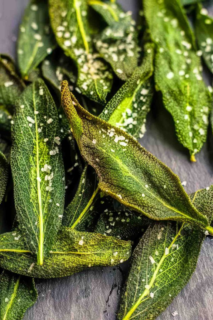 Pile of fried sage leaves coated in salt, overlapping on a black slate platter.
