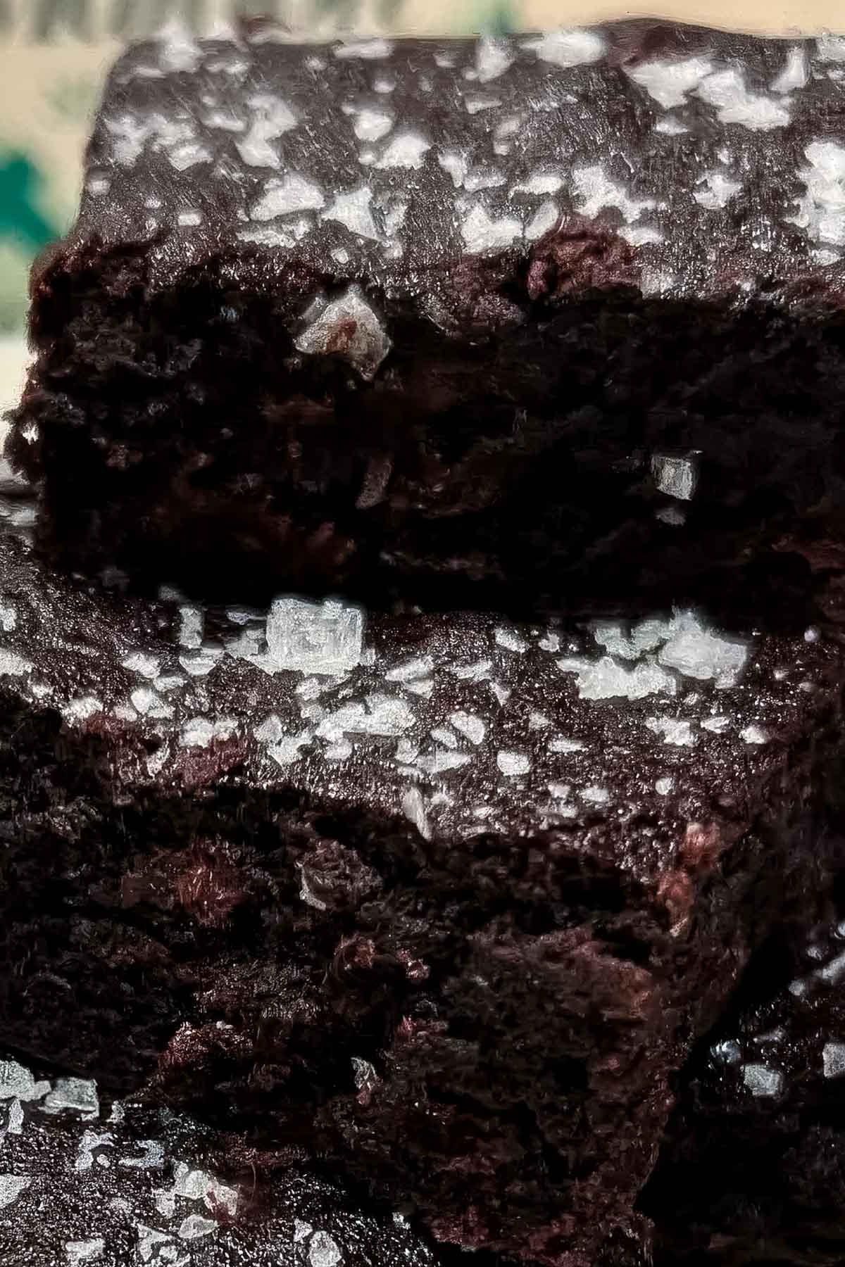 Chocolate Banana Brownies a closeup of chocolate banana brownies topped with maldon salt