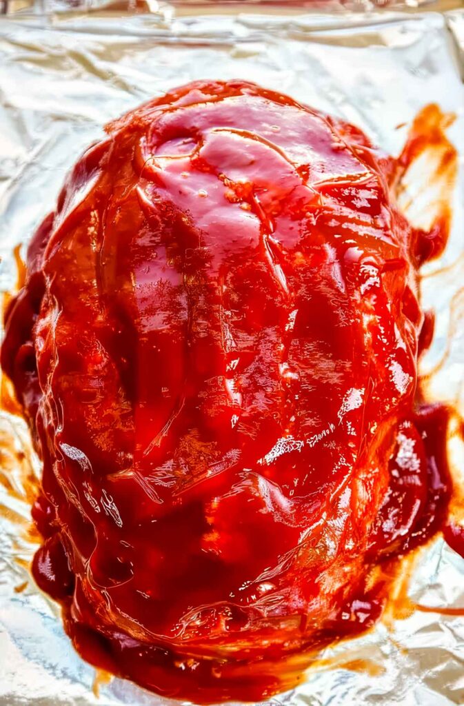 step 5 of making brown sugar meatloaf with the fully-formed, pre-baked meatloaf on tinfoil and covered with the glaze