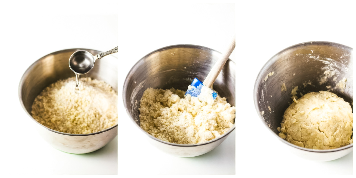 A collage of three images showing step four of making a homemade pie crust: the first image shows the dough in a bowl and water being sprinkled over, the next is starting to mix the dough together, and the last shows the mixture as a cohesive ball 