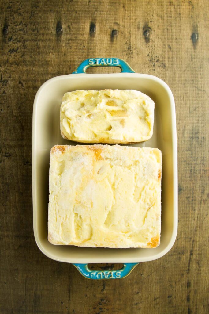 Freezer Shepherd's Pie two souper cubes of frozen shepherd's pie in a small baking dish, ready for the oven