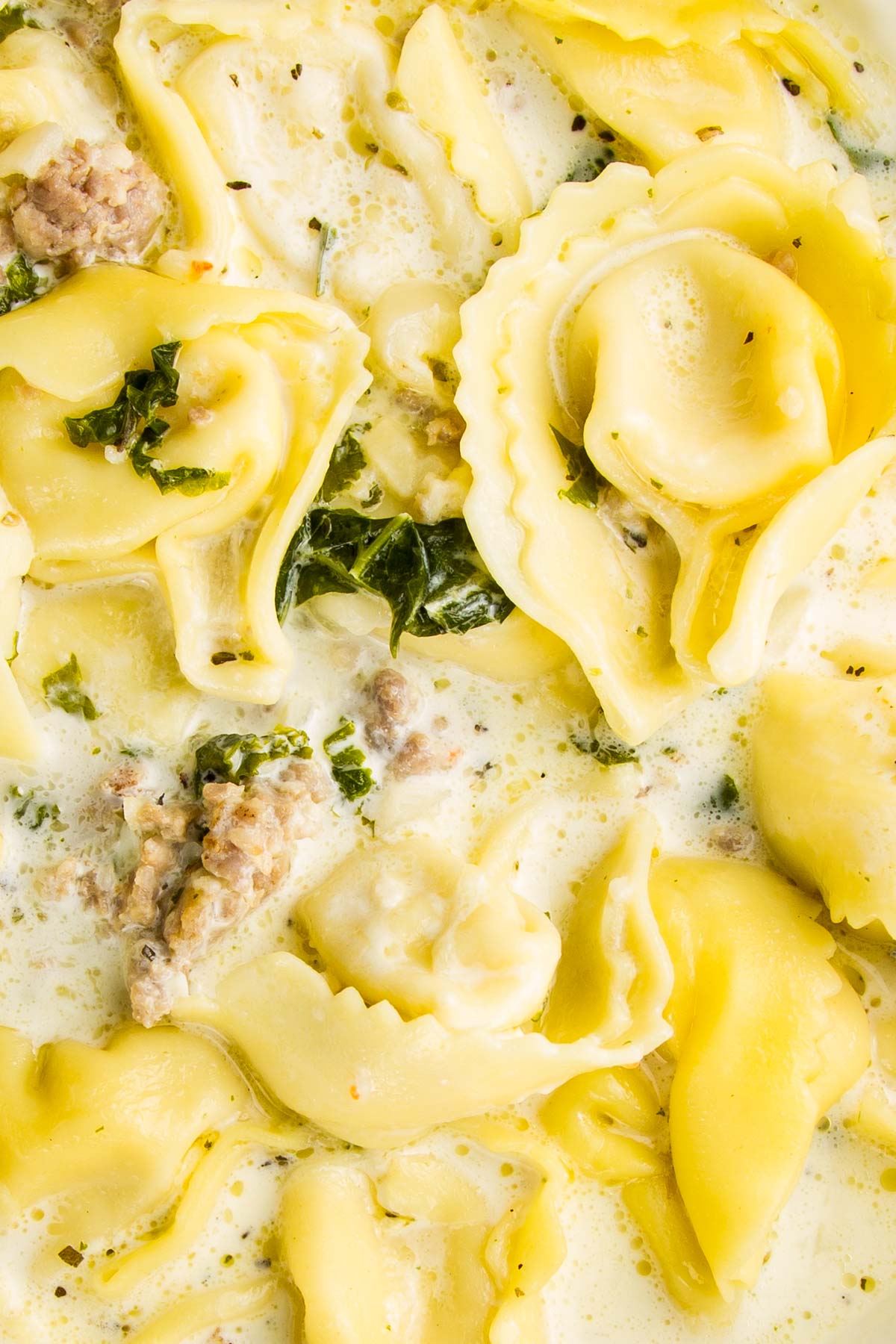 Sausage Tortellini Soup (Freezer Friendly) an extreme closeup of a bowl of sausage tortellini soup