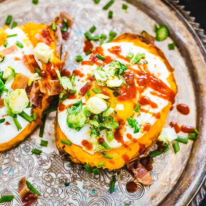 a vintage platter of twice baked sweet potatoes