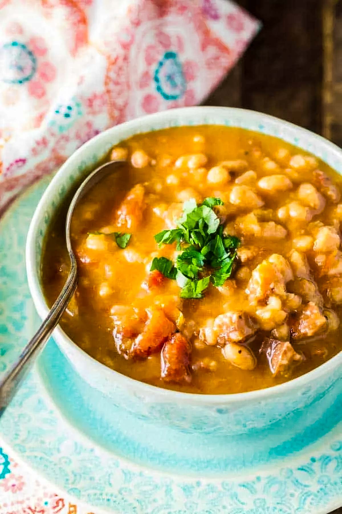 Sausage Bean Soup (Stovetop or Instant Pot) a side view of sausage bean soup with a spoon and garnished with chopped fresh parsley